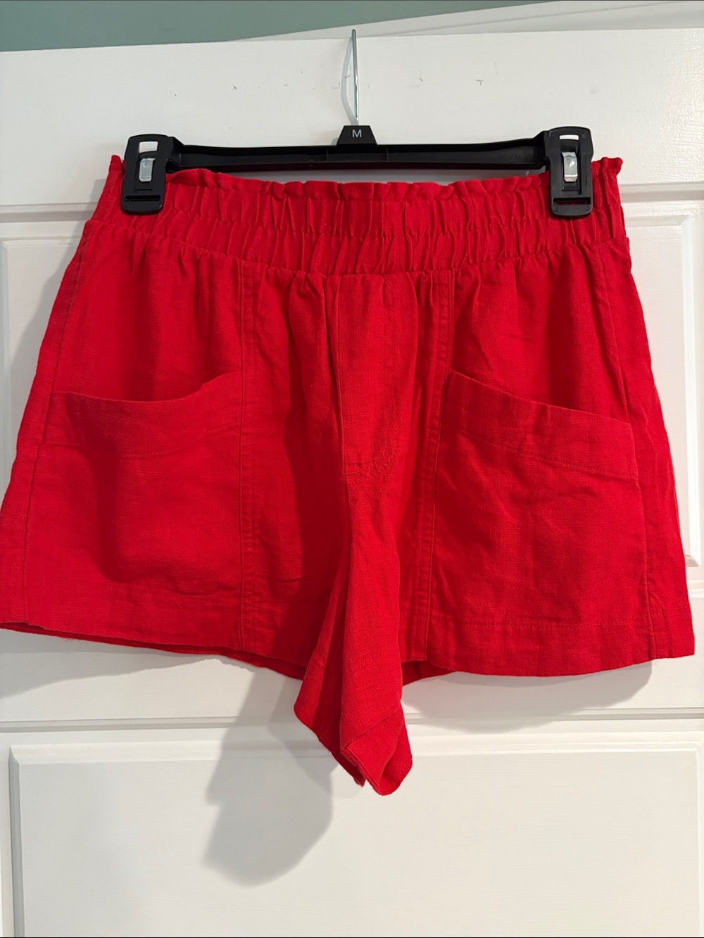 Red Linen Women's Elastic-Waist Casual Shorts